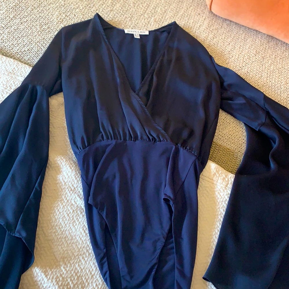 Blue silky long sleeve top